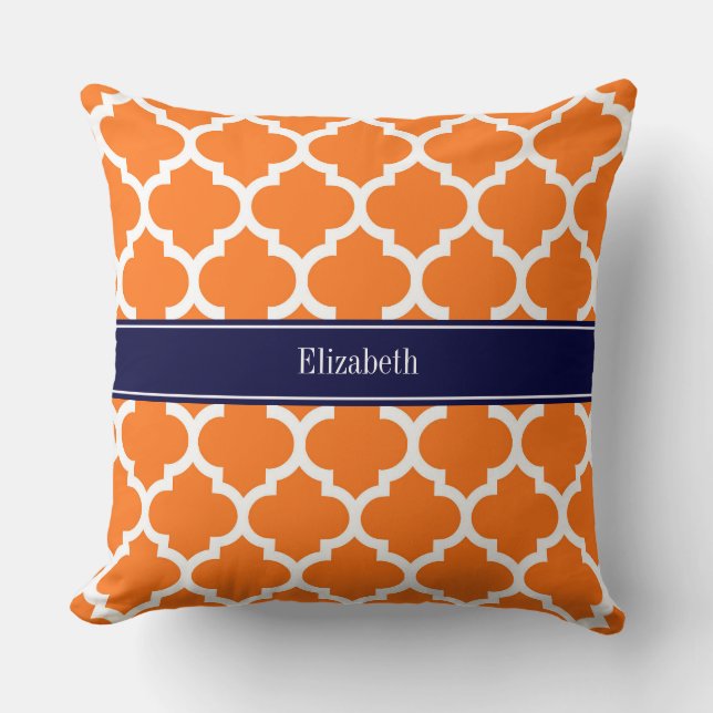 Pumpkin Wht Moroccan #5 Navy Blue Name Monogram Cushion (Front)