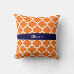 Pumpkin Wht Moroccan #5 Navy Blue Name Monogram Cushion