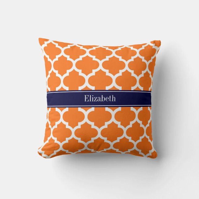 Pumpkin Wht Moroccan #5 Navy Blue Name Monogram Cushion (Front)