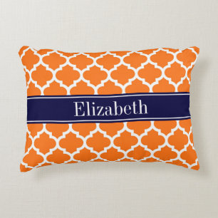 Pumpkin Wht Moroccan #5 Navy Blue Name Monogram Decorative Cushion