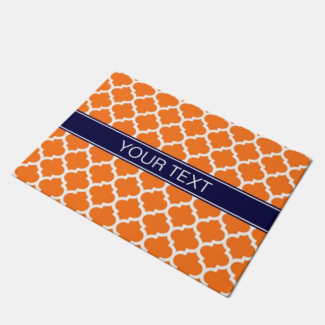 Pumpkin Wht Moroccan #5 Navy Blue Name Monogram Doormat (Angled)