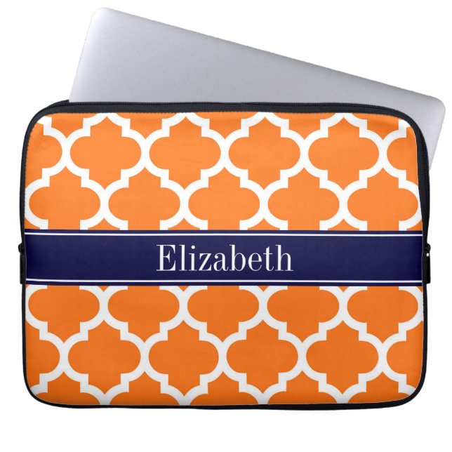 Pumpkin Wht Moroccan #5 Navy Blue Name Monogram Laptop Sleeve (Front)