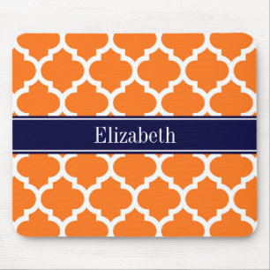 Pumpkin Wht Moroccan #5 Navy Blue Name Monogram Mouse Mat
