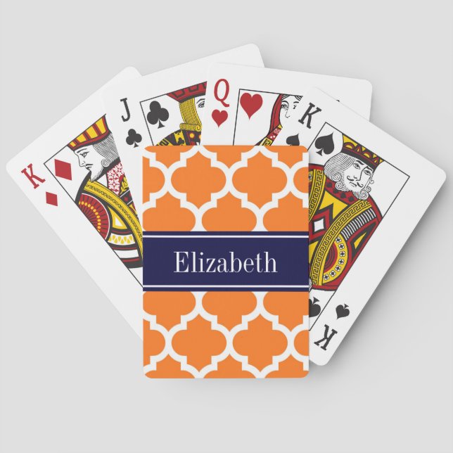 Pumpkin Wht Moroccan #5 Navy Blue Name Monogram Playing Cards (Back)