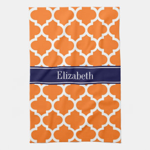 Pumpkin Wht Moroccan #5 Navy Blue Name Monogram Tea Towel