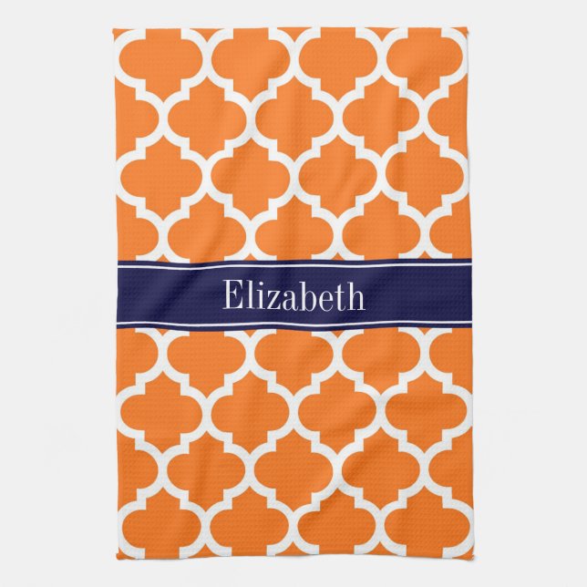 Pumpkin Wht Moroccan #5 Navy Blue Name Monogram Tea Towel (Vertical)