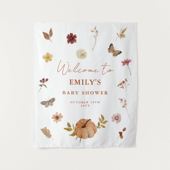 Pumpkin Wildflower Baby Shower Welcome Backdrop Tapestry (Front)