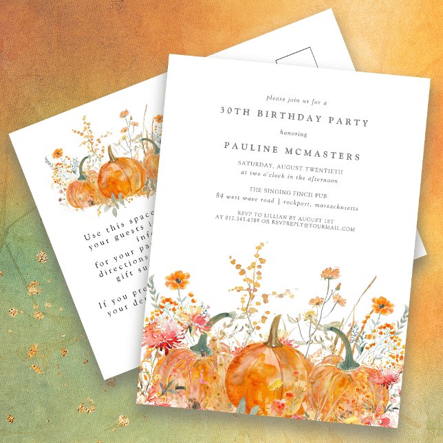 Pumpkin Wildflower Fall 30th Birthday Party  Invitation Postcard (Creator Uploaded)