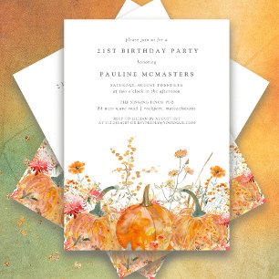 Pumpkin Wildflower Fall Watercolor 21st Birthday Invitation