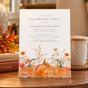 Pumpkin Wildflower Fall Watercolor 65th Birthday Invitation