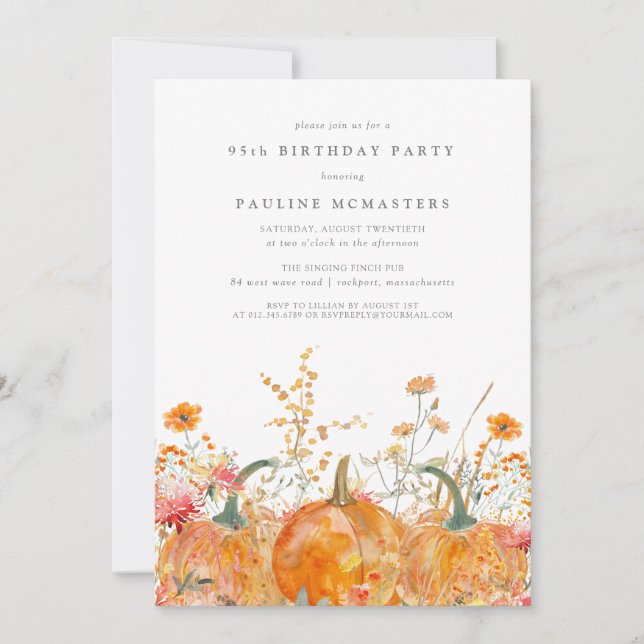 Pumpkin Wildflower Fall Watercolor 95th Birthday  Invitation (Front)