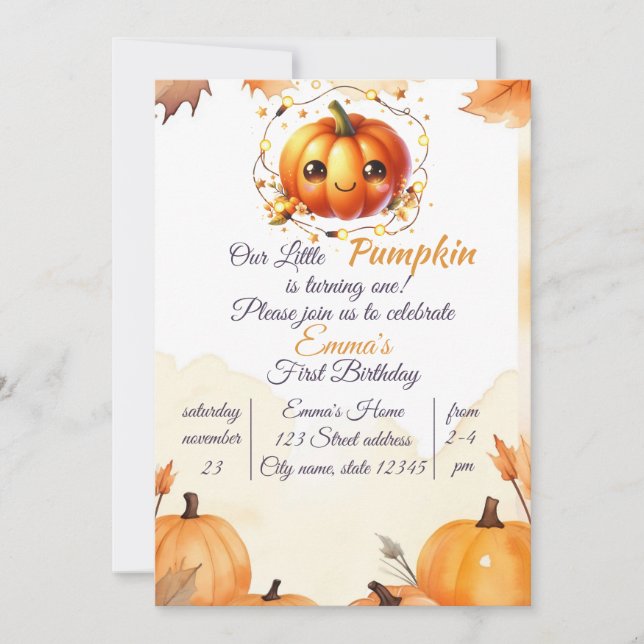 Pumpkin Wildflower Fall Watercolor Birthday Invitation (Front)