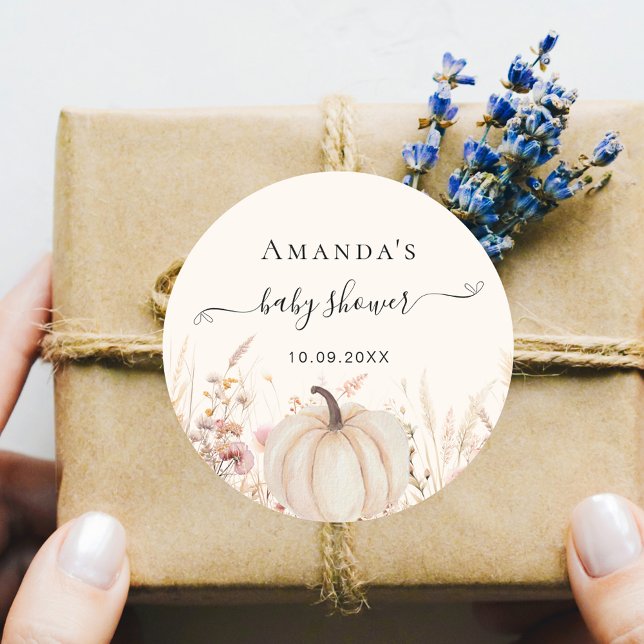 Pumpkin wildflowers beige baby shower classic round sticker (Creator Uploaded)