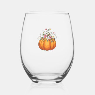Pumpkin Wildflowers Fall Autumn Classic T-Shirt.pn Stemless Wine Glass