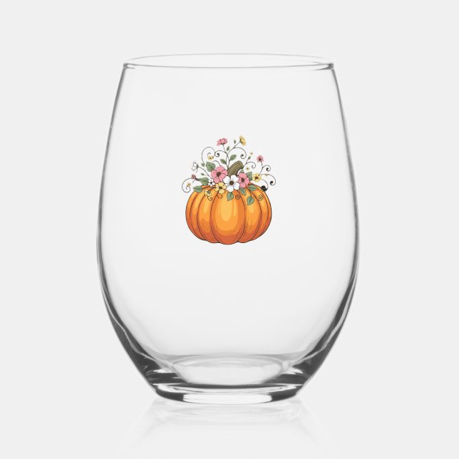 Pumpkin Wildflowers Fall Autumn Classic T-Shirt.pn Stemless Wine Glass (Front)