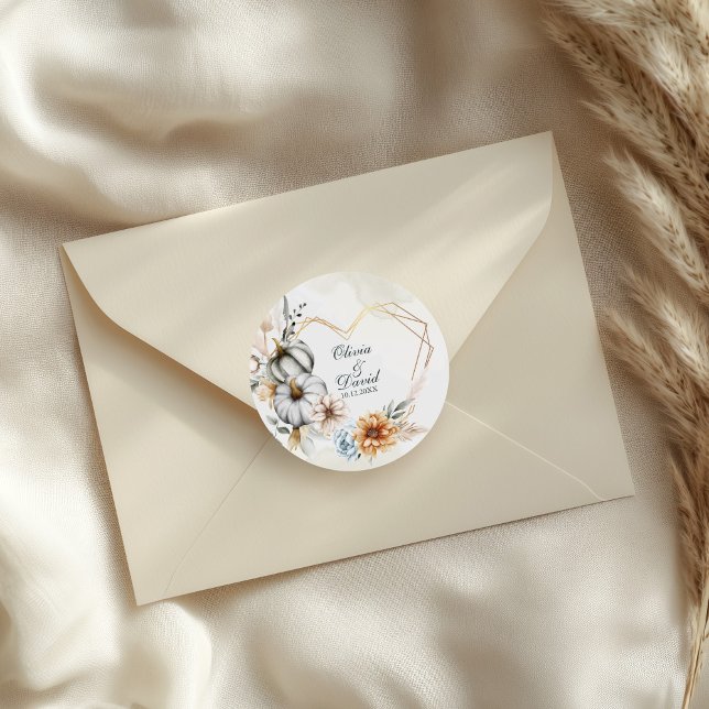 Pumpkin Wildflowers Heart Shape Frame Wedding Classic Round Sticker (Pumpkin Wildflowers Heart Shape Frame Wedding Classic Round Sticker on a wedding envelope.)