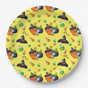 pumpkin witch brew Halloween party supplies yellow Paper Plate