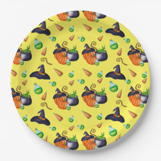 pumpkin witch brew Halloween party supplies yellow Paper Plate