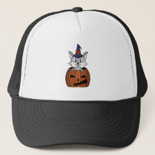 Pumpkin Witch Cat on Halloween Trucker Hat
