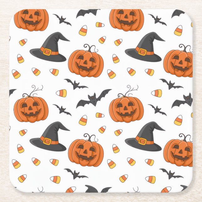 Pumpkin & Witch Hat Halloween Square Paper Coaster (Front)