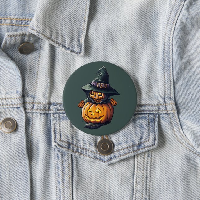Pumpkin witch in cat costume -  7.5 cm round badge (In Situ)