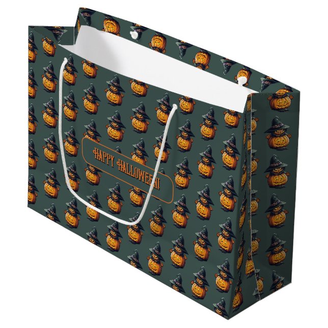 Pumpkin Witch in Cat Costume -  Large Gift Bag (Front Angled)