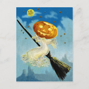 Pumpkin witch is flying on a broom at night postcard