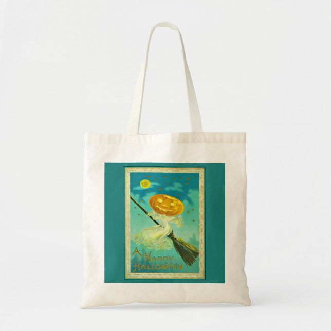 Pumpkin Witch on Broom Trick or Treat Canvas Tote Bag (Front)