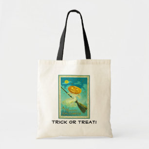 Pumpkin Witch on Broom Trick or Treat Canvas Tote Bag