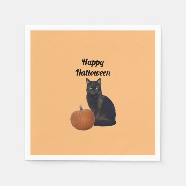 Pumpkin with Black Cat Happy Halloween Orange  Napkin (Front)