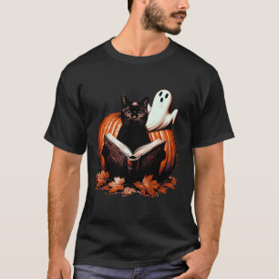 Pumpkin With Cat And Boo Reading A Book. Halloween T-Shirt