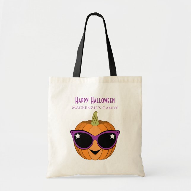 Pumpkin with Cool Retro Cat Sunglasses Halloween Tote Bag (Front)
