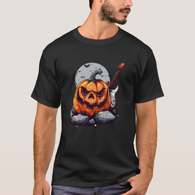 Pumpkin with electric Guitar for rocking Halloween T-Shirt (Front)