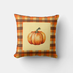 Pumpkin with Farmhouse Cosy Orange Plaid Fall Cushion