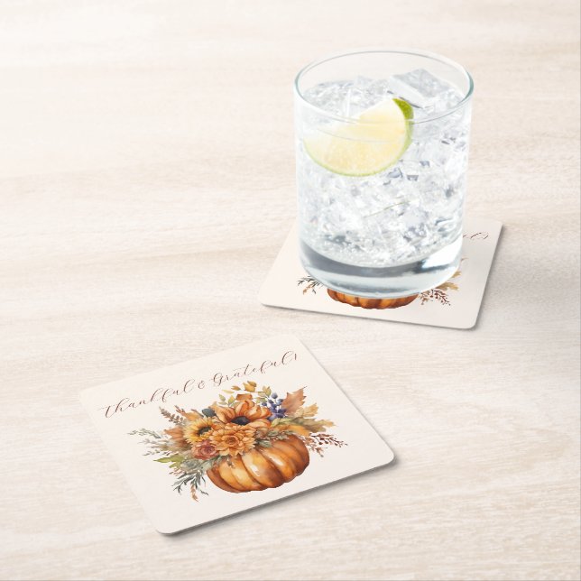 Pumpkin with Flowers-Thankful & Grateful- Square Paper Coaster (Insitu)