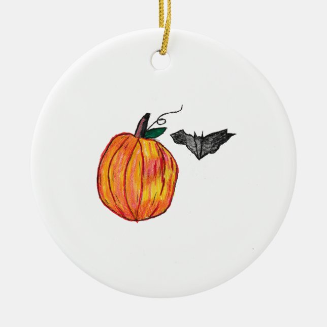 Pumpkin with Grey Bat  Ceramic Tree Decoration (Front)