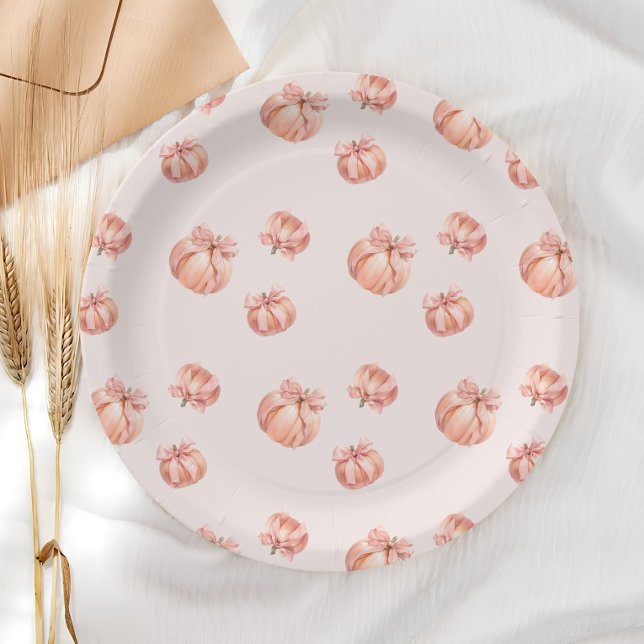 Pumpkin with Pink Bow Girl Baby Shower Paper Plate (Creator Uploaded)