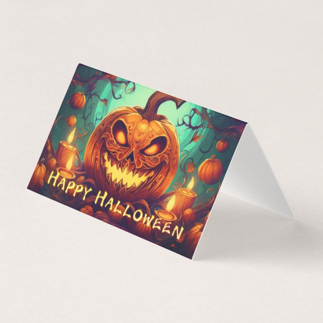 Pumpkin with Scary Face Among Candles, Halloween (Front)
