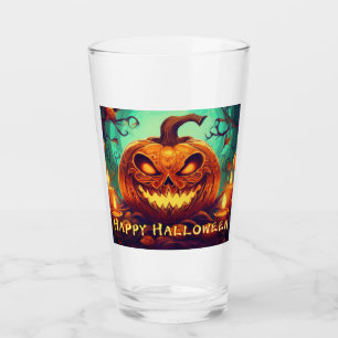 Pumpkin with Scary Face Among Candles, Halloween Glass