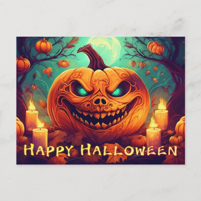 Pumpkin with Scary Face Among Candles, Halloween Holiday Postcard (Front)