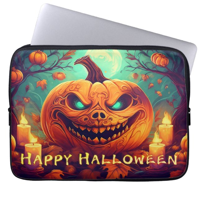 Pumpkin with Scary Face Among Candles, Halloween Laptop Sleeve (Front)