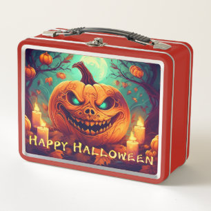 Pumpkin with Scary Face Among Candles, Halloween Metal Lunch Box
