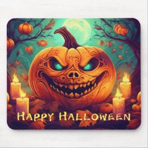 Pumpkin with Scary Face Among Candles, Halloween Mouse Mat