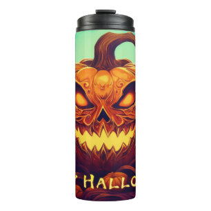 Pumpkin with Scary Face Among Candles, Halloween Thermal Tumbler