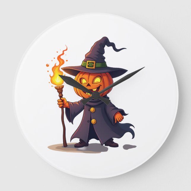 Pumpkin Wizard � Magical Halloween Sorcerer Tee Large Clock (Front)