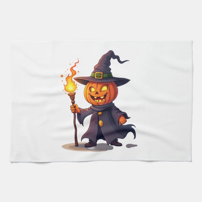 Pumpkin Wizard � Magical Halloween Sorcerer Tee Tea Towel (Horizontal)