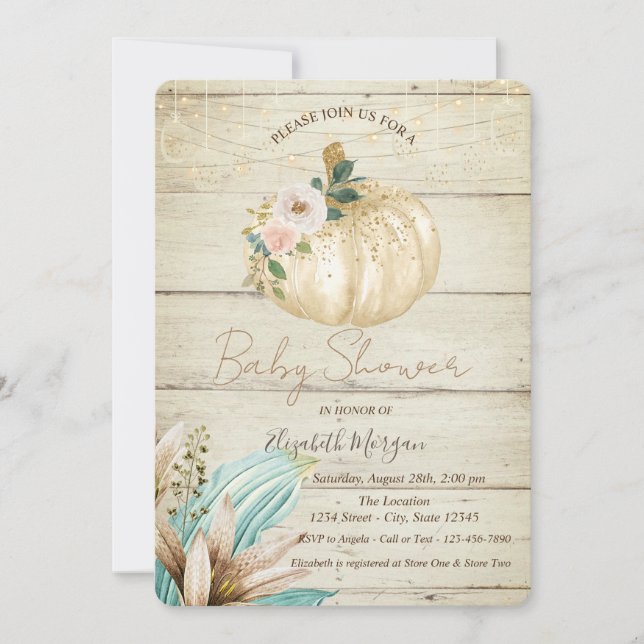 Pumpkin, Wood Texture,Boho Flowers Baby Shower Invitation (Front)