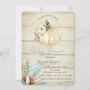 Pumpkin, Wood Texture,Boho Flowers Baby Shower Invitation