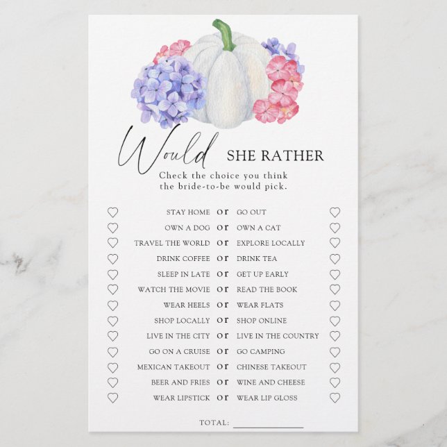 Pumpkin - Would she rather bridal shower game (Front)