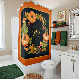Pumpkin wreath monogram shower curtain